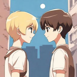 A tall blonde boy and a short brunette girl standing back to back, glancing at each other from the corner of their eyes