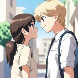 A tall blonde boy and a short brunette girl standing back to back, glancing at each other from the corner of their eyes