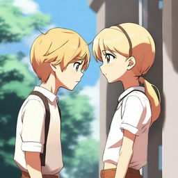 A tall blonde boy and a short brunette girl standing back to back, glancing at each other from the corner of their eyes