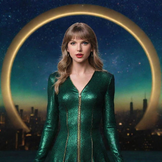 Taylor Swift portraying the character Loki, against a multiverse backdrop.