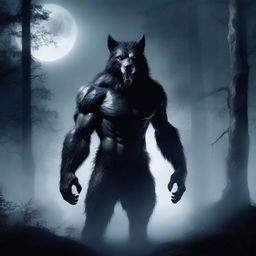 A mystical werewolf standing under a full moon in a dark forest