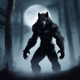 A mystical werewolf standing under a full moon in a dark forest