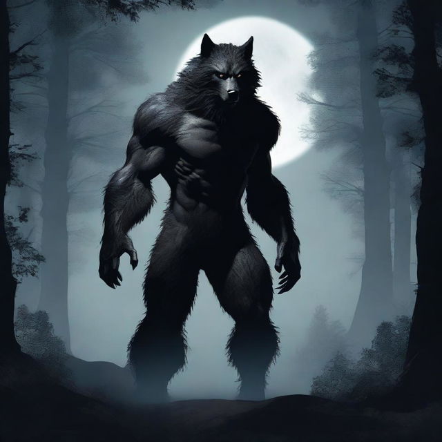 A mystical werewolf standing under a full moon in a dark forest