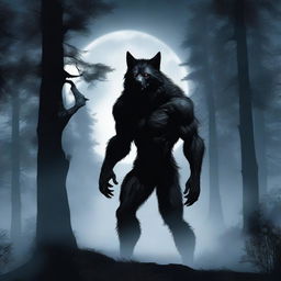 A mystical werewolf standing under a full moon in a dark forest