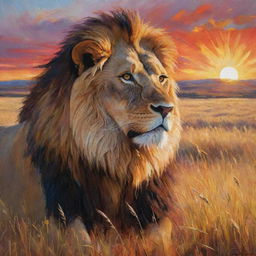 An expressive, colorful painting of a powerful lion in its natural habitat, surrounded by golden savannah grass under a vibrant sunset.