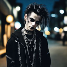 A teenage goth dude standing in an urban setting, dressed in dark, edgy clothing with accessories like chains and piercings