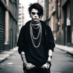 A teenage goth dude standing in an urban setting, dressed in dark, edgy clothing with accessories like chains and piercings