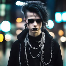 A teenage goth dude standing in an urban setting, dressed in dark, edgy clothing with accessories like chains and piercings