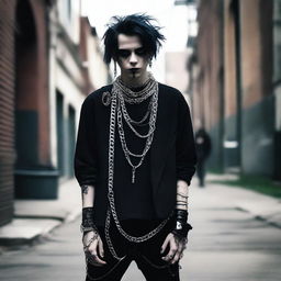 A teenage goth dude standing in an urban setting, dressed in dark, edgy clothing with accessories like chains and piercings