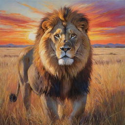 An expressive, colorful painting of a powerful lion in its natural habitat, surrounded by golden savannah grass under a vibrant sunset.