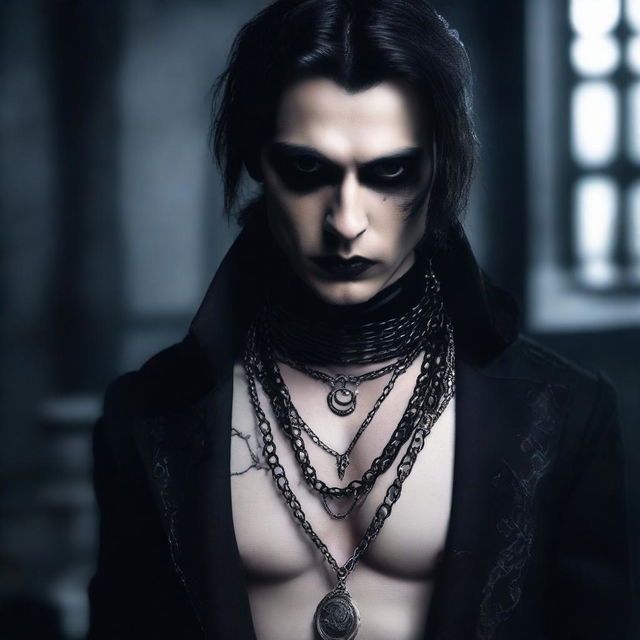 A hot vampire goth dude standing in a dark, mysterious setting