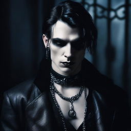 A hot vampire goth dude standing in a dark, mysterious setting