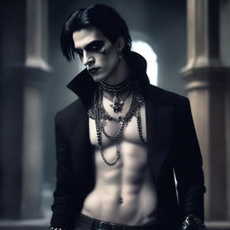 A hot vampire goth dude standing in a dark, mysterious setting