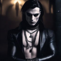 A hot vampire goth dude standing in a dark, mysterious setting