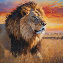 An expressive, colorful painting of a powerful lion in its natural habitat, surrounded by golden savannah grass under a vibrant sunset.