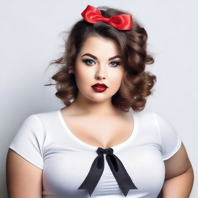 A curvy woman with brown hair tied in a bow, wearing a t-shirt