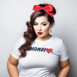 A curvy woman with brown hair tied in a bow, wearing a t-shirt