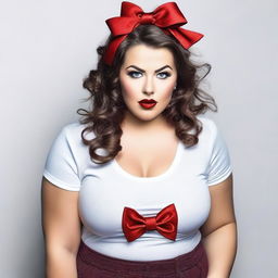 A curvy woman with brown hair tied in a bow, wearing a t-shirt