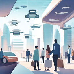 A futuristic scene of people traveling with the help of AI