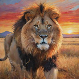 An expressive, colorful painting of a powerful lion in its natural habitat, surrounded by golden savannah grass under a vibrant sunset.