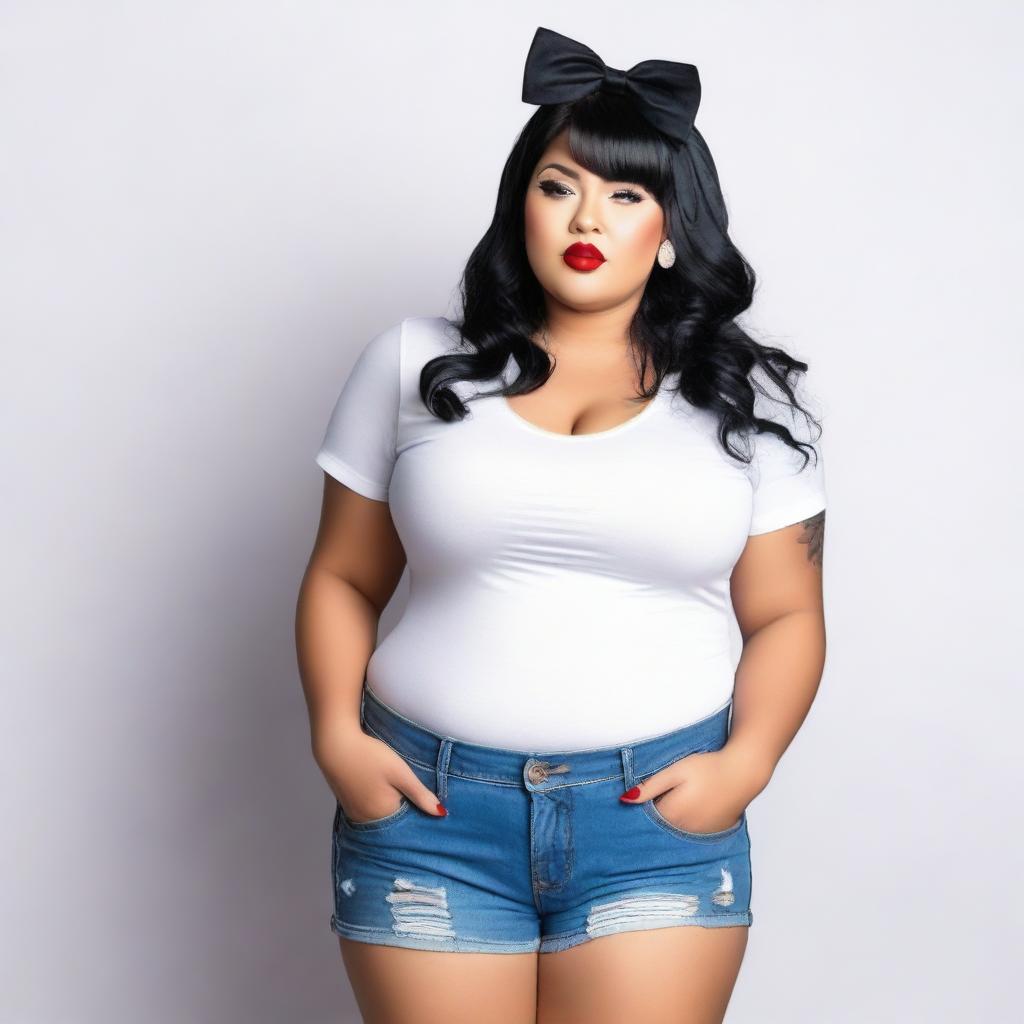 A curvy woman standing in a white t-shirt, with black hair and a bow on her head, and red lips pouting.