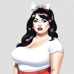 A curvy woman standing in a white t-shirt, with black hair and a bow on her head, and red lips pouting.