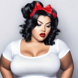 A curvy woman standing in a white t-shirt, with black hair and a bow on her head, and red lips pouting.