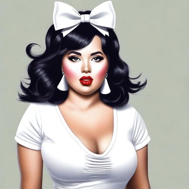 A curvy woman standing in a white t-shirt, with black hair and a bow on her head, and red lips pouting.