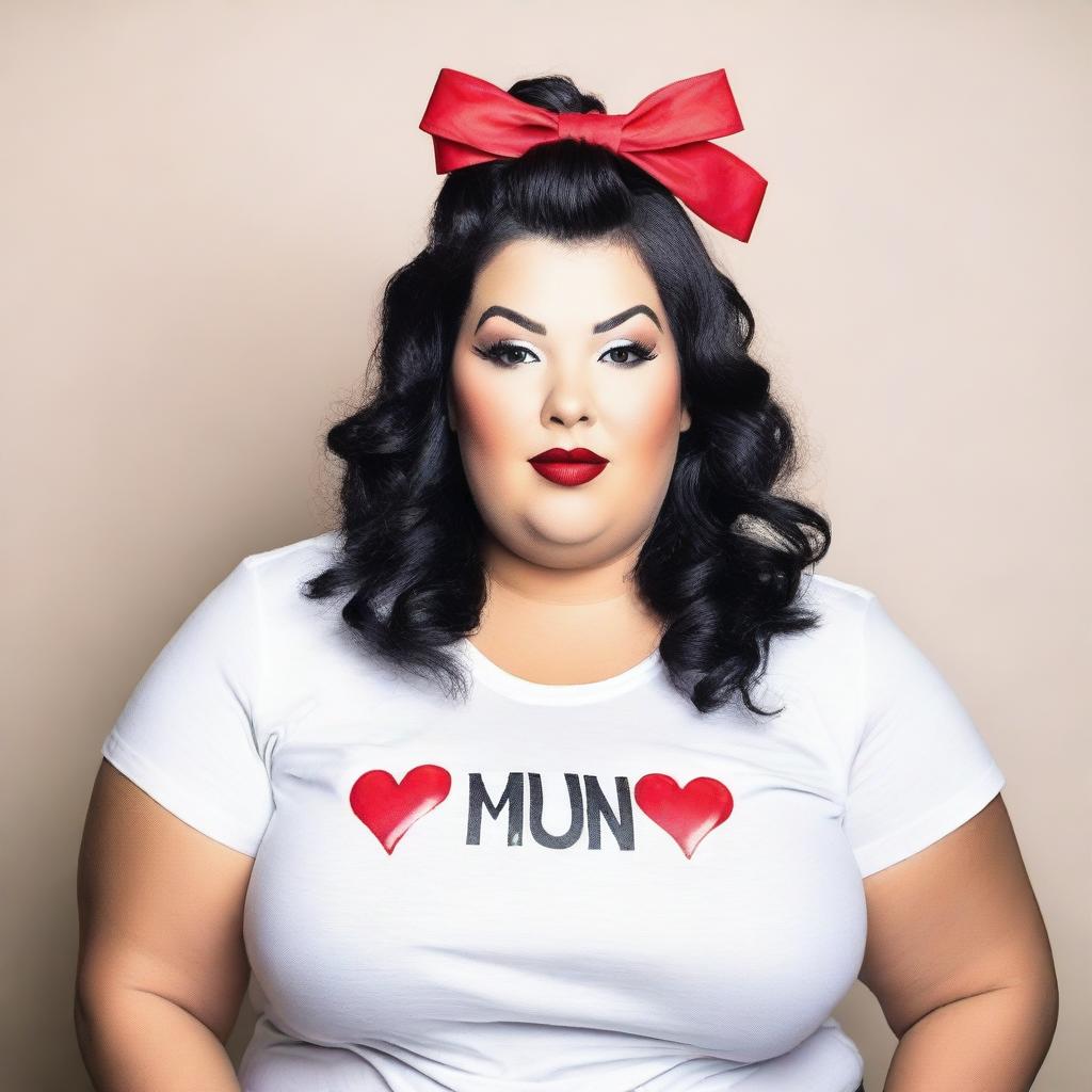 A plus-sized woman standing, wearing a t-shirt. She has black hair with a bow on her head and red lipstick.