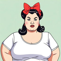 A plus-sized woman standing, wearing a t-shirt. She has black hair with a bow on her head and red lipstick.