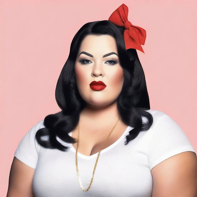 A plus-sized woman standing, wearing a t-shirt. She has black hair with a bow on her head and red lipstick.