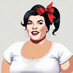 A plus-sized woman standing, wearing a t-shirt. She has black hair with a bow on her head and red lipstick.