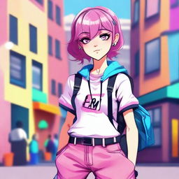 A stylish and confident femboy character, wearing trendy clothing that blends masculine and feminine elements