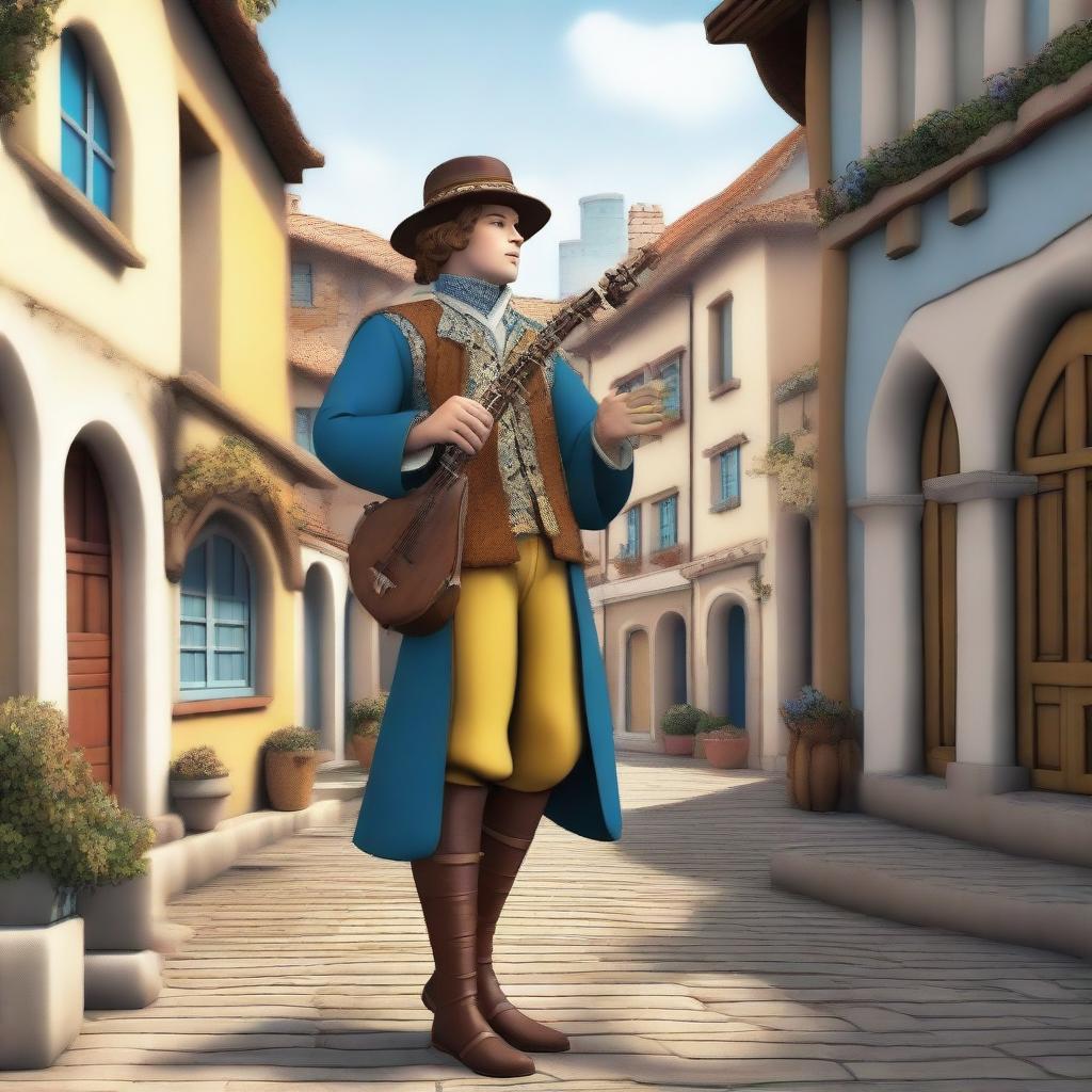 A high-quality digital art image depicts a pied piper inspired bard outfit