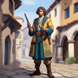 A high-quality DND digital concept art image depicts a pied piper inspired bard outfit