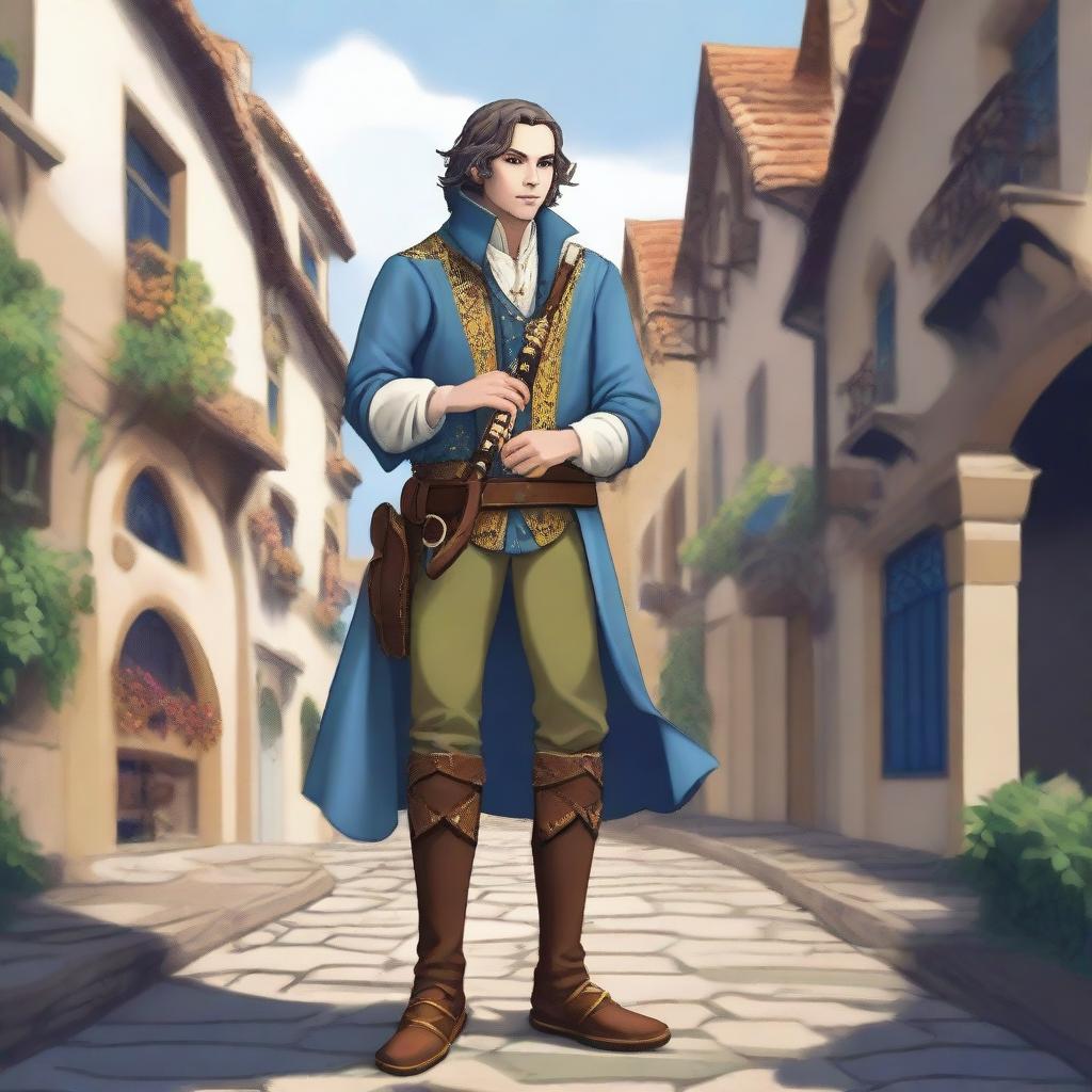 A high-quality DND digital concept art image depicts a pied piper inspired bard outfit