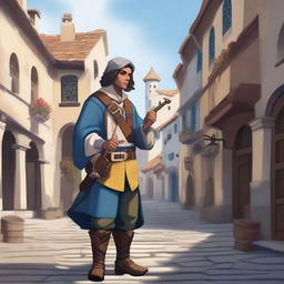 A high-quality DND digital concept art image depicts a pied piper inspired bard outfit