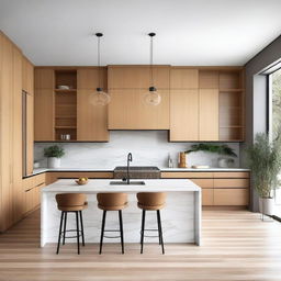 A modern kitchen interior with sleek appliances, marble countertops, and wooden cabinets