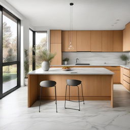 A modern kitchen interior with sleek appliances, marble countertops, and wooden cabinets