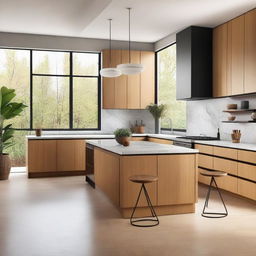 A modern kitchen interior with sleek appliances, marble countertops, and wooden cabinets