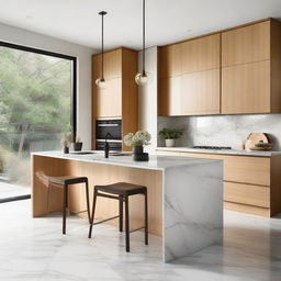 A modern kitchen interior with sleek appliances, marble countertops, and wooden cabinets