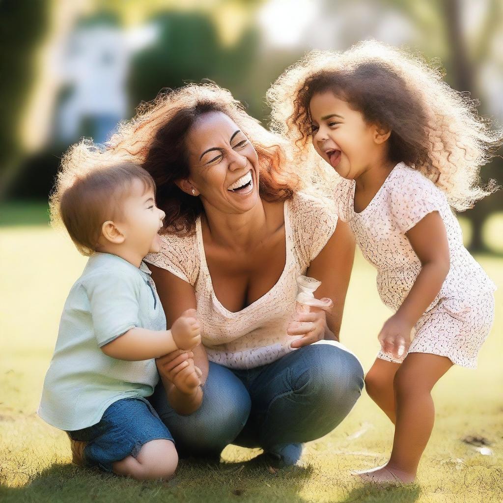 A joyful scene of a mum having fun, laughing and playing with her children in a park