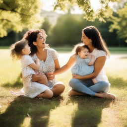 A joyful scene of a mum having fun, laughing and playing with her children in a park