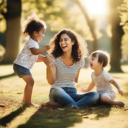 A joyful scene of a mum having fun, laughing and playing with her children in a park