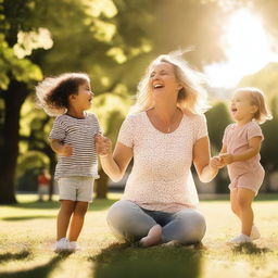 A joyful scene of a mum having fun, laughing and playing with her children in a park