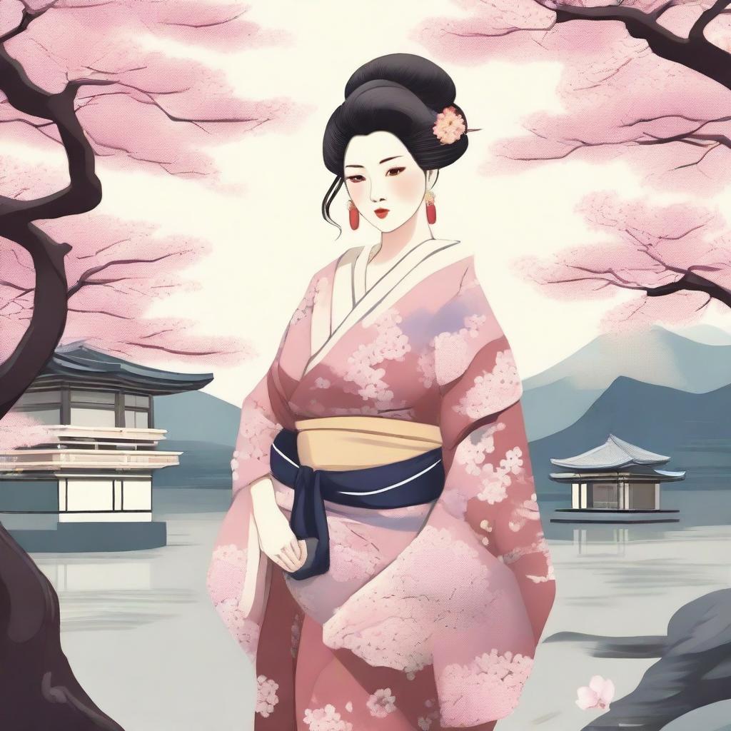 A detailed illustration of a voluptuous Japanese woman with a curvy figure, emphasizing her large hips and chest