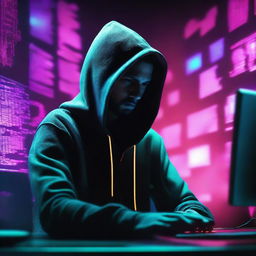 A modern hacker in a dimly lit room filled with multiple computer screens displaying lines of code and security breaches