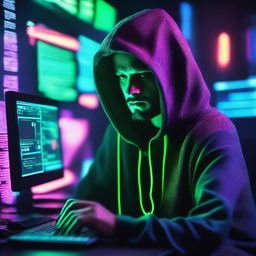 A modern hacker in a dimly lit room filled with multiple computer screens displaying lines of code and security breaches