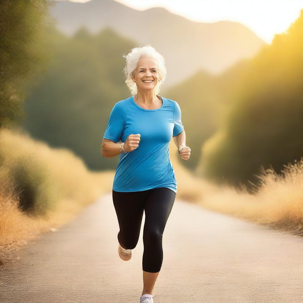 Create a cover image featuring an older adult, likely in their 60s or 70s, engaged in a fitness activity like running, weightlifting, or yoga