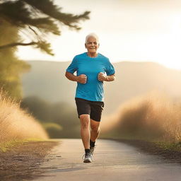 Create a cover image featuring an older adult, likely in their 60s or 70s, engaged in a fitness activity like running, weightlifting, or yoga